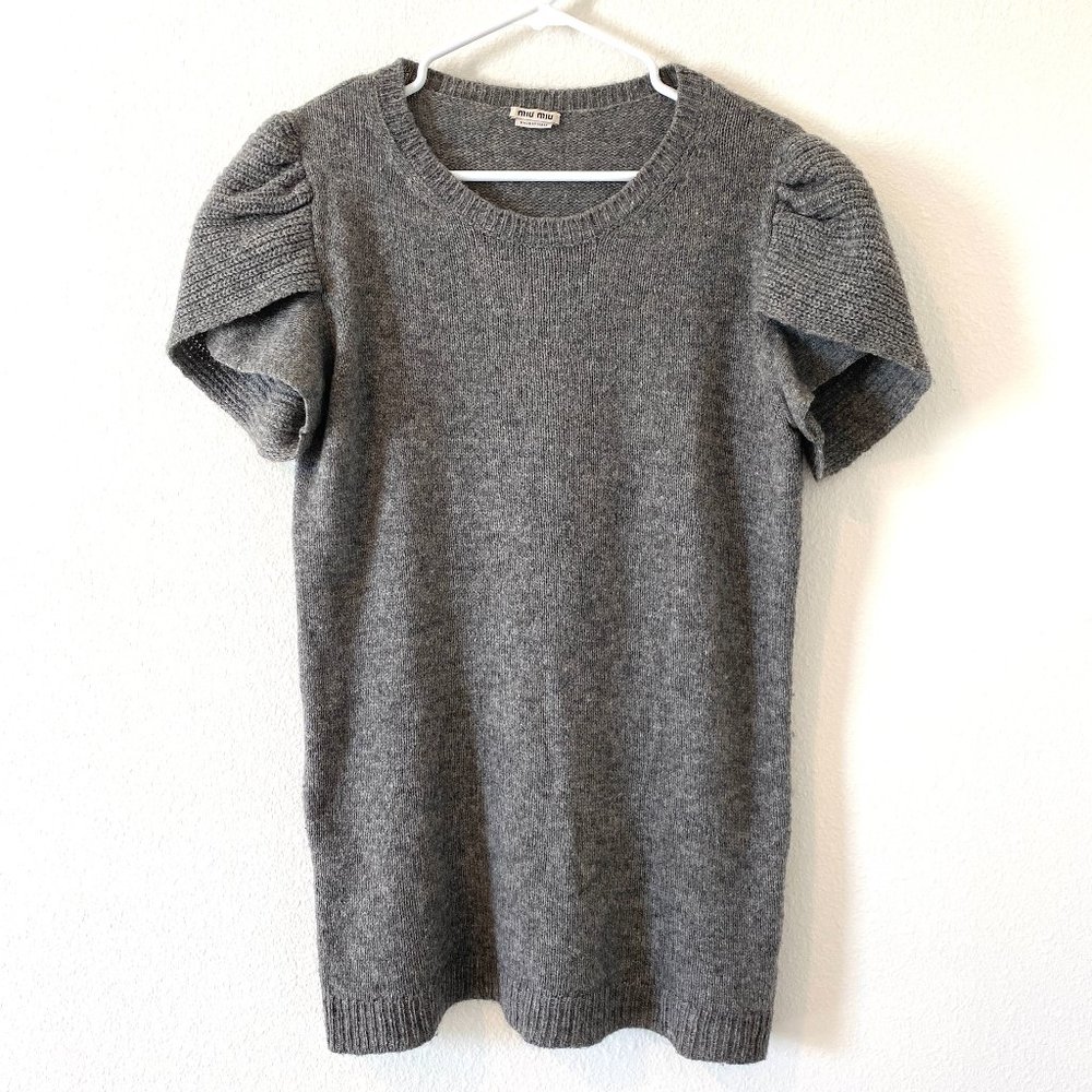 MIU MIU Knit Sweater Top Wool Tunic Gray Short Tulip Sleeves Women's Size M